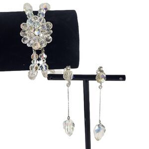 Bracelet & Dangle Earrings Set AB Crystal Bead Double Strand Wedding VTG Jewelry